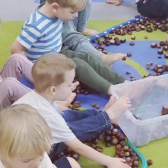 Ćwiczymy stopy wrzucając kasztany do pudełka