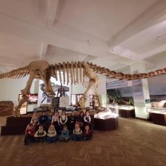 zdjęcie grupowe przy ogromnym szkielecie dinozaura