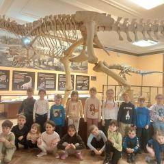 Słonka przy ogromnym szkielecie dinozaura