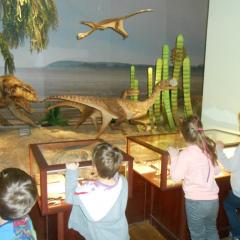 Dzieci przypatrują się dinozaurom