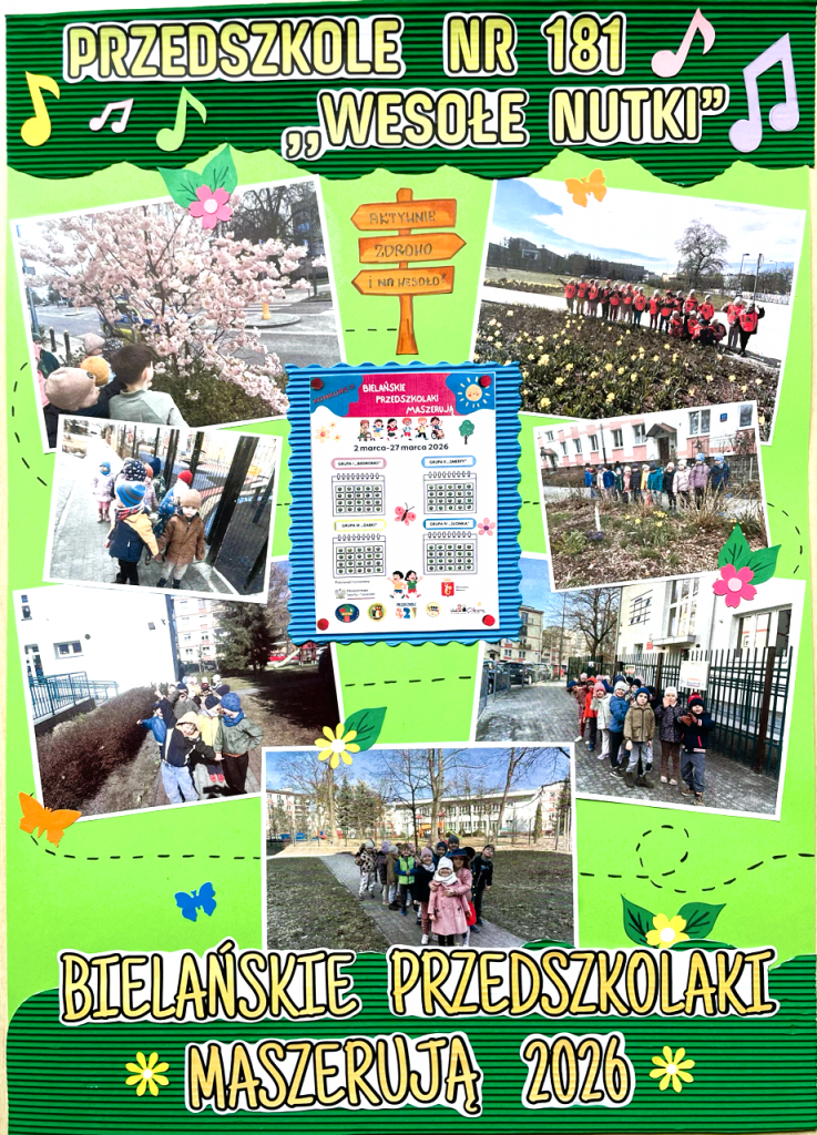 Plakat ze zdjęciami dzieci podczas spacerów - Podsumowanie konkursu Bielańskie Przedszkolaki Maszerują 2026